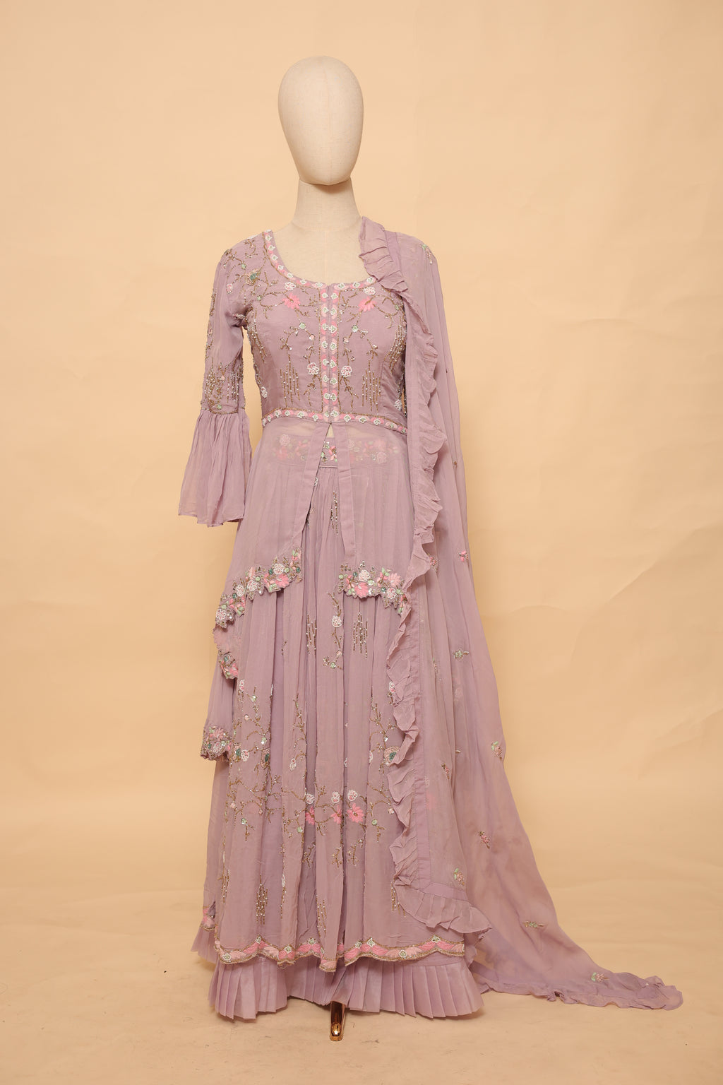 Mauve Embroidered Sharara Set with Ruffled Dupatta