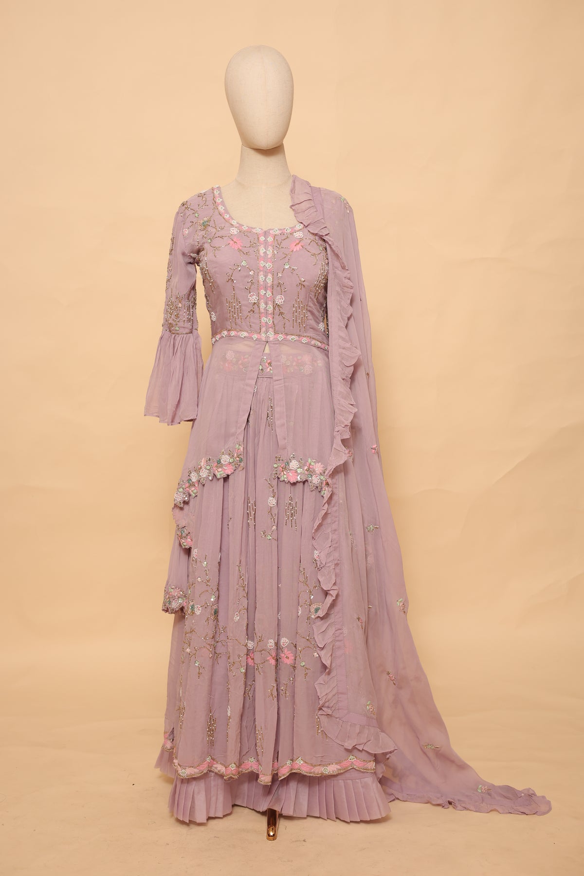 Mauve Embroidered Sharara Set with Ruffled Dupatta