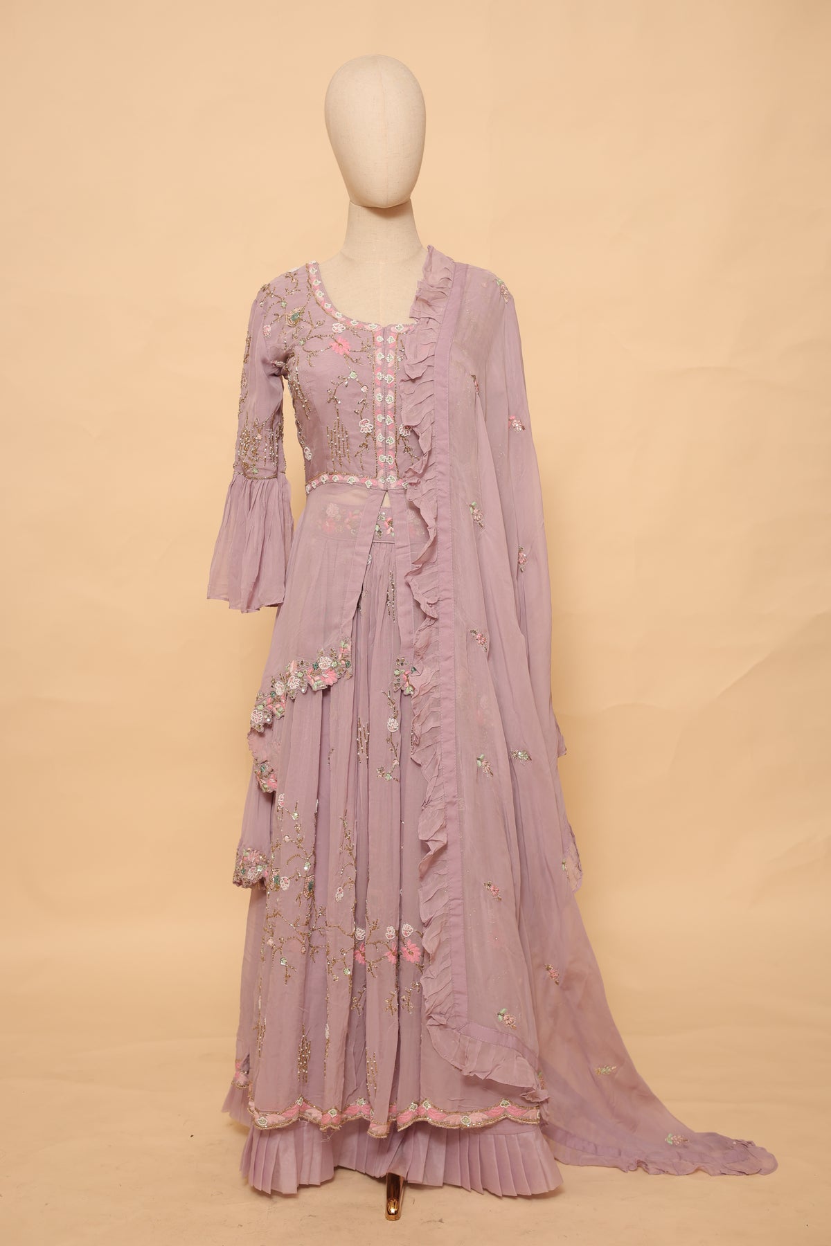 Mauve Embroidered Sharara Set with Ruffled Dupatta
