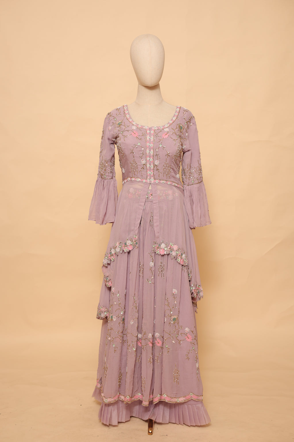 Mauve Embroidered Sharara Set with Ruffled Dupatta