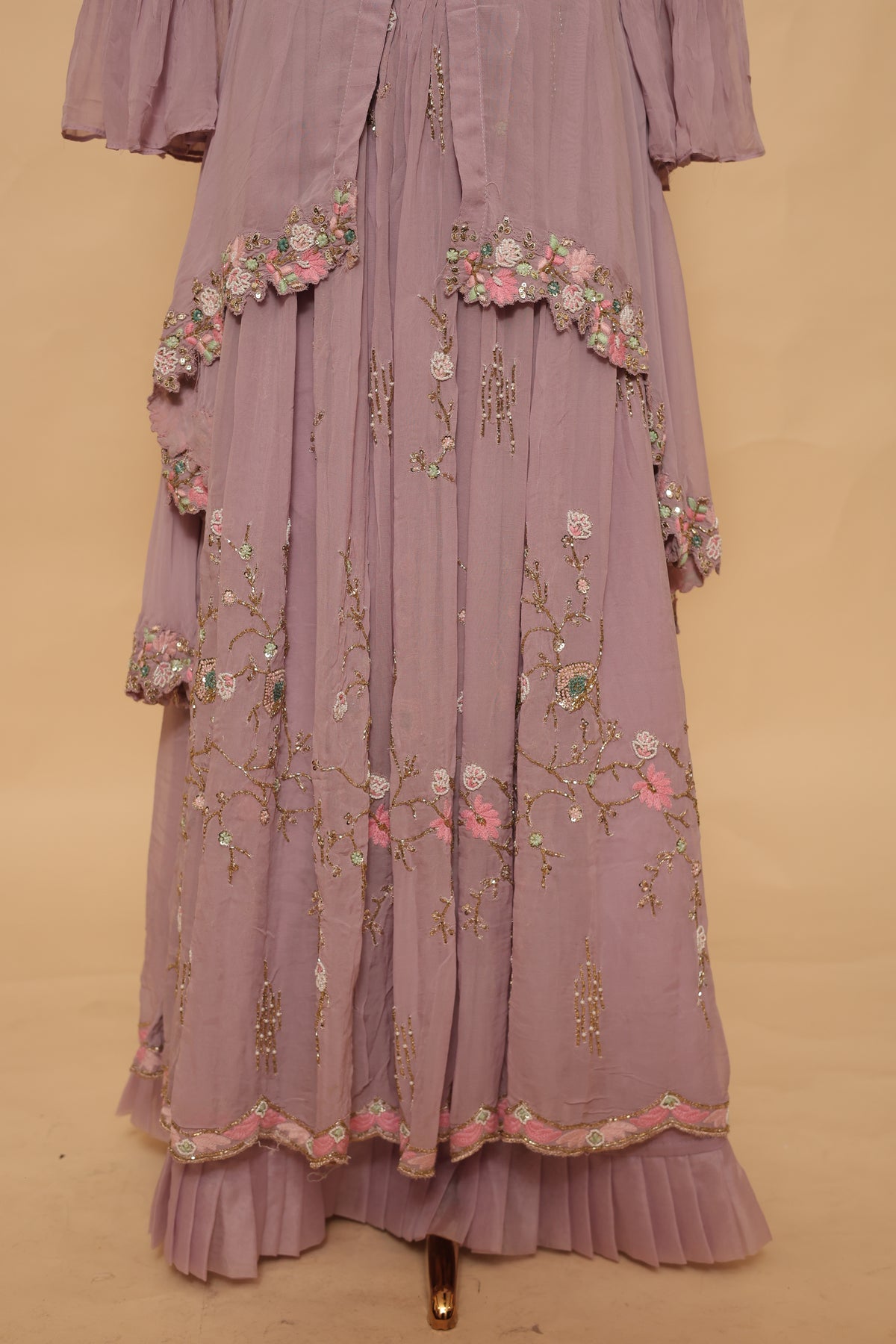 Mauve Embroidered Sharara Set with Ruffled Dupatta