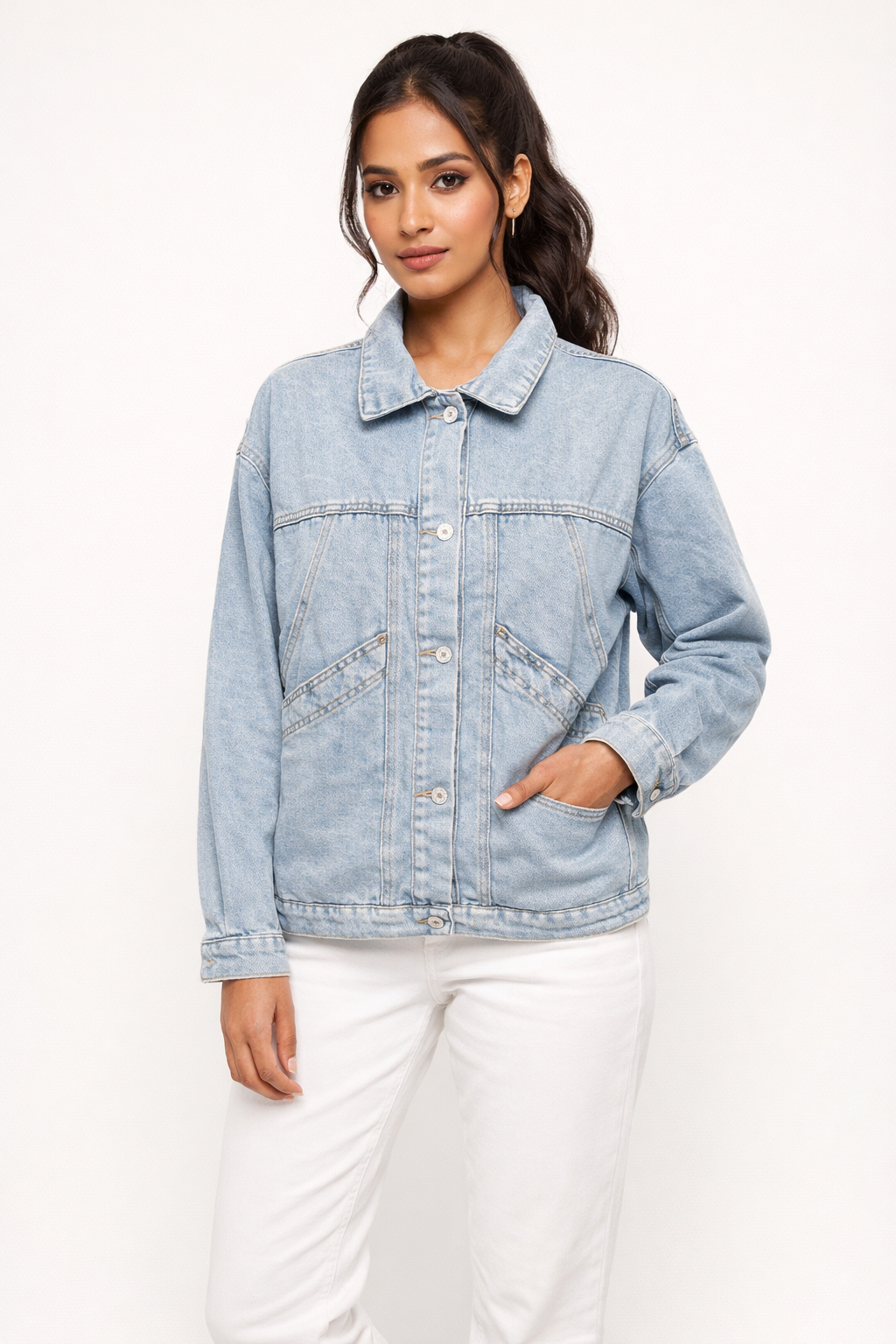 Light Wash Oversized Denim Jacket with Back Button