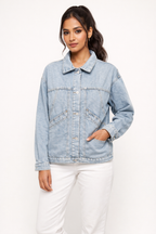 Light Wash Oversized Denim Jacket with Back Button