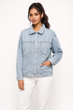 Light Wash Oversized Denim Jacket with Back Button
