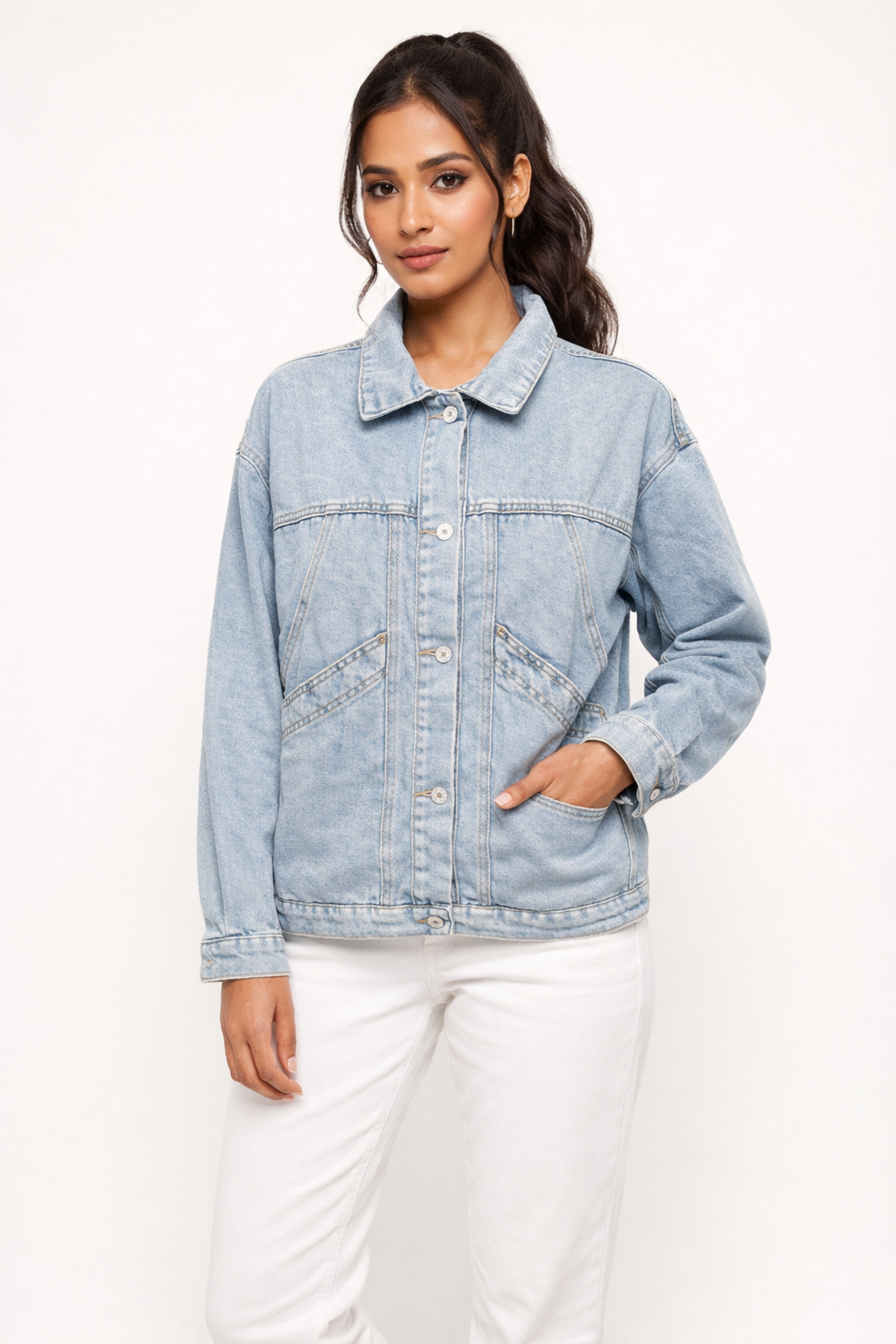 Light Wash Oversized Denim Jacket with Back Button