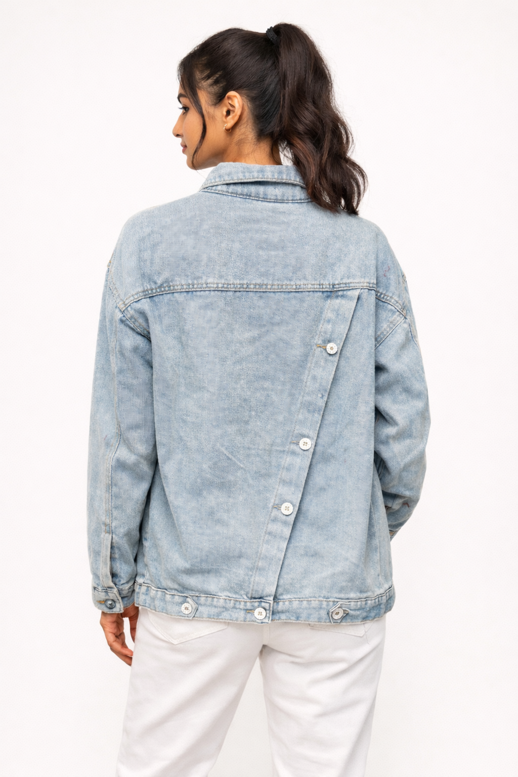 Light Wash Oversized Denim Jacket with Back Button
