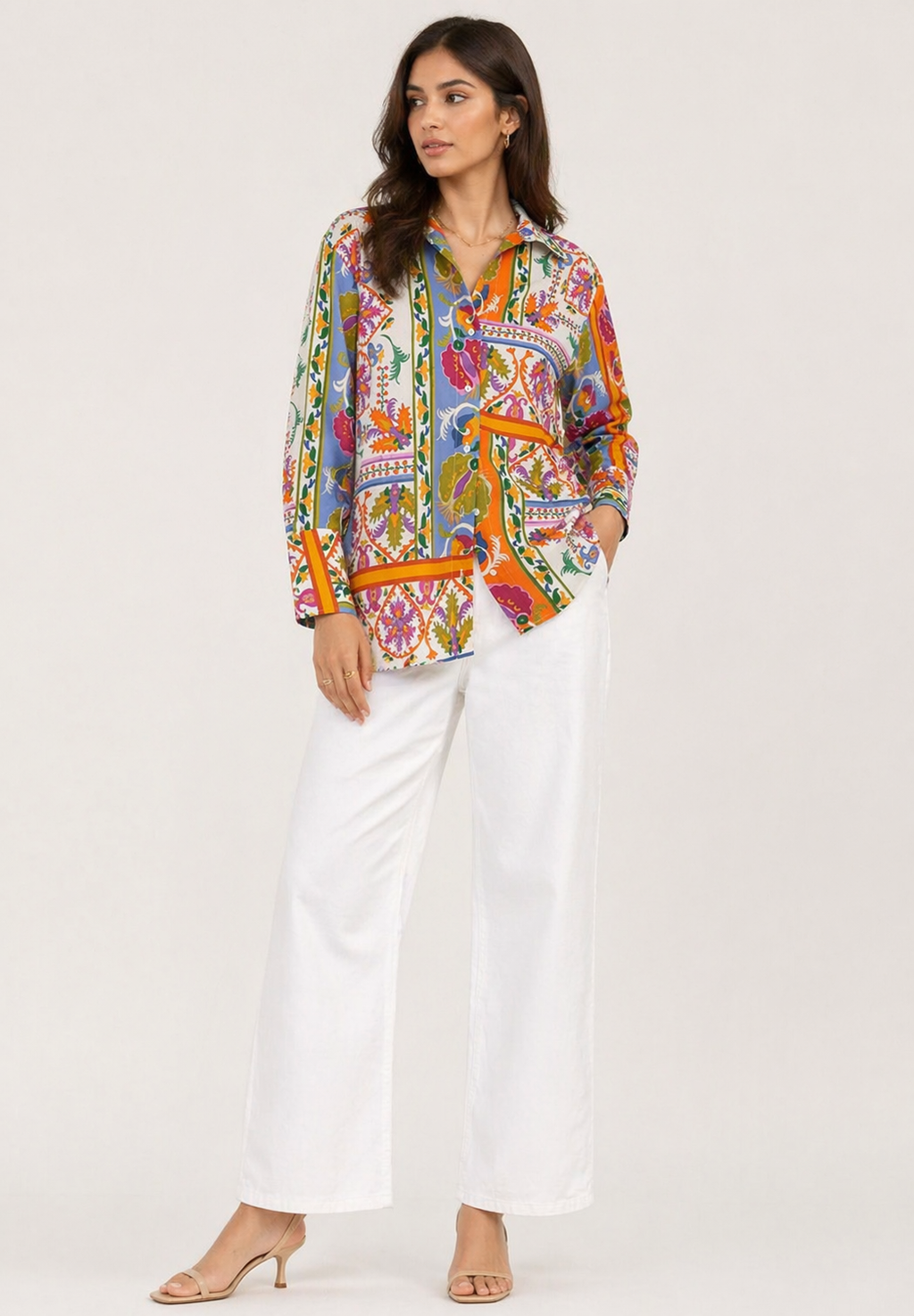 Vibrant Scarf-Print Button-Down Shirt
