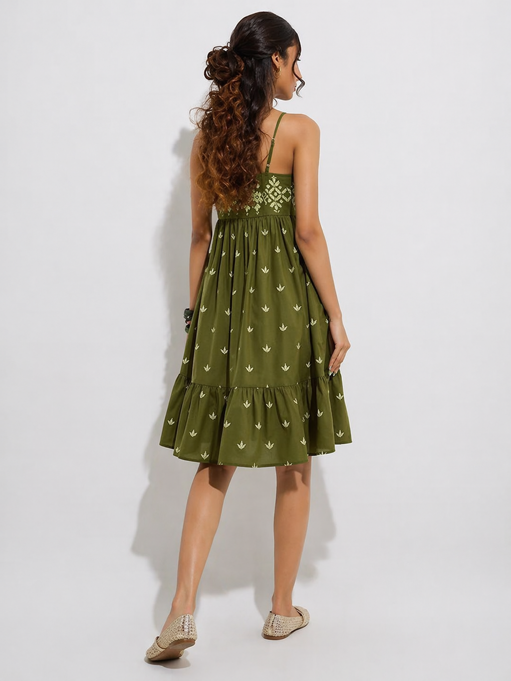 Olive Green Embroidered Boho Sundress