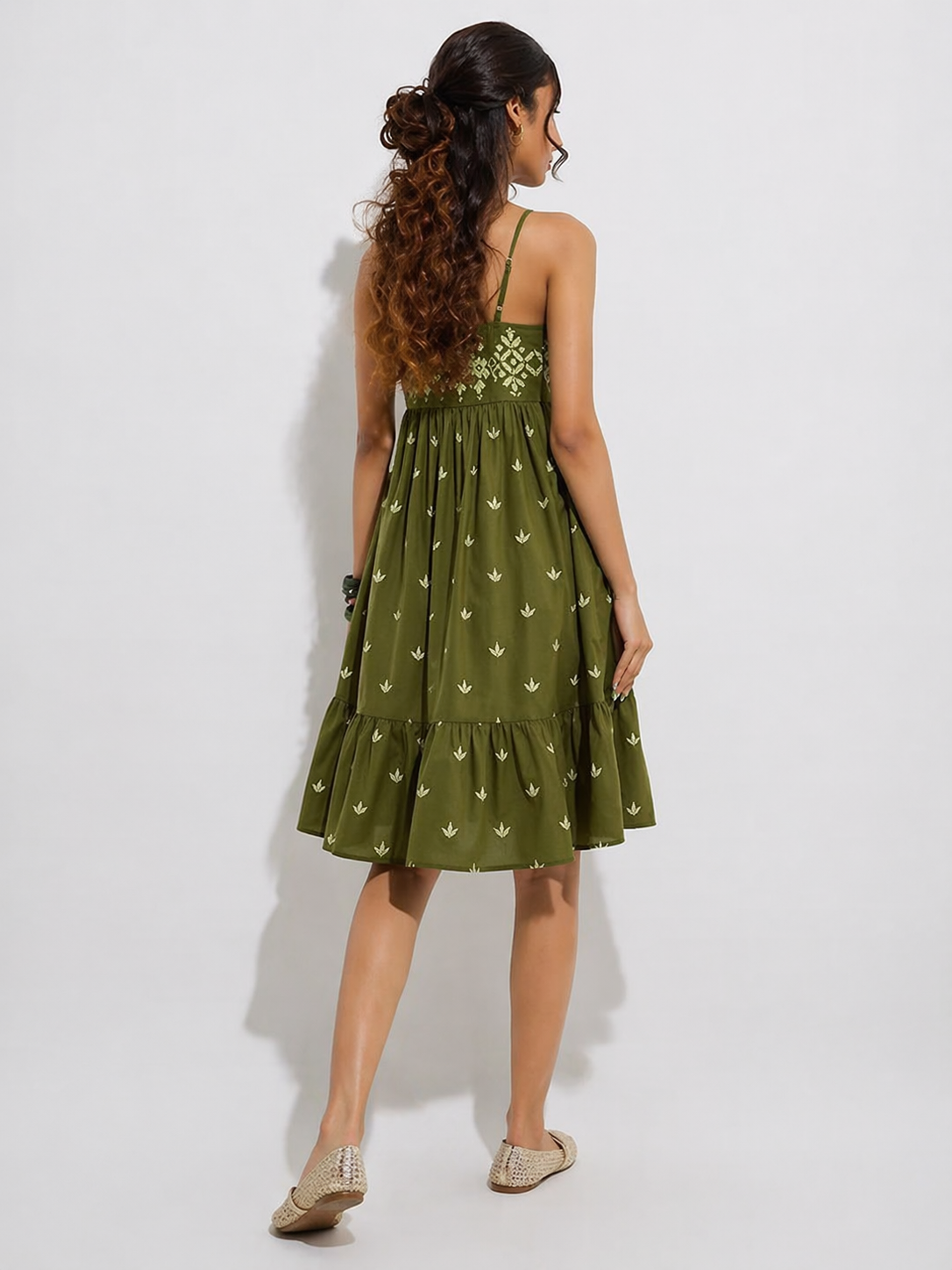 Olive Green Embroidered Boho Sundress