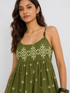 Olive Green Embroidered Boho Sundress