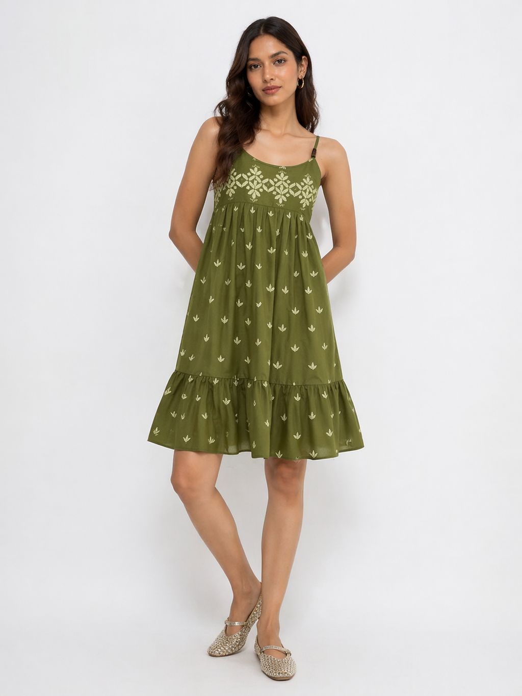 Olive Green Embroidered Boho Sundress