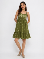 Olive Green Embroidered Boho Sundress