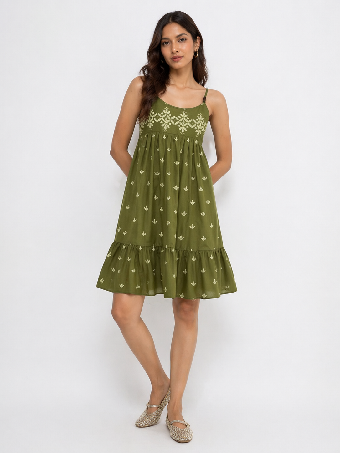 Olive Green Embroidered Boho Sundress