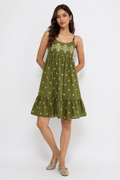 Olive Green Embroidered Boho Sundress