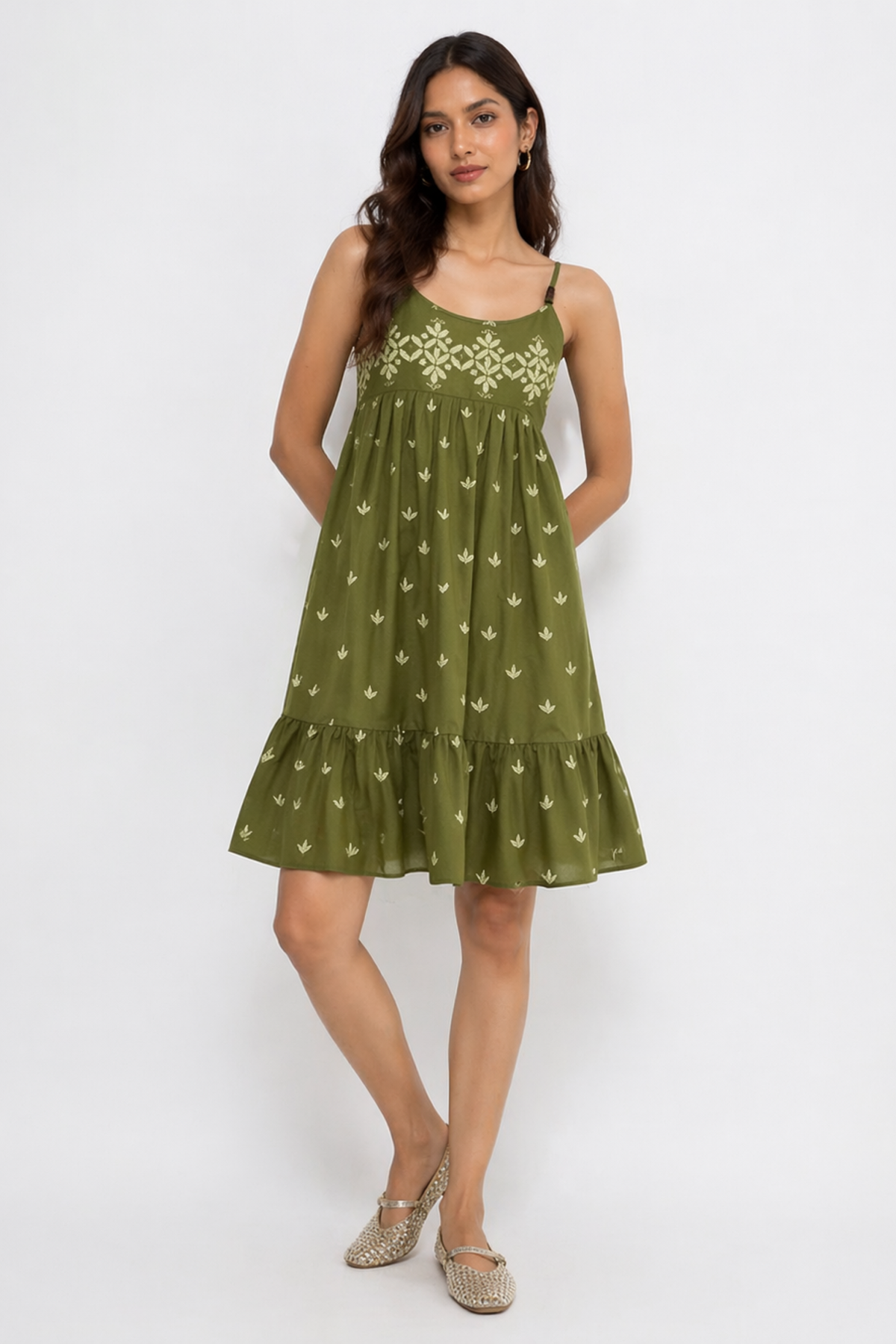 Olive Green Embroidered Boho Sundress