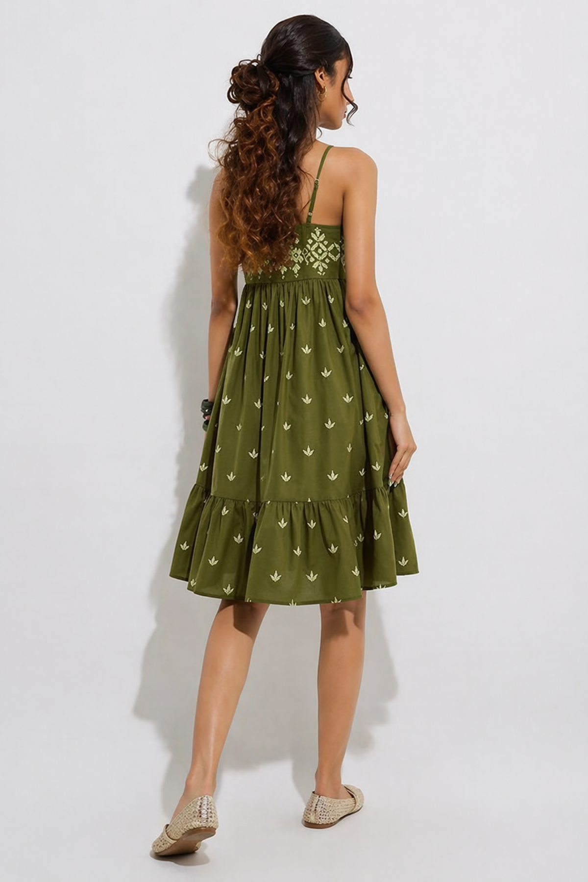 Olive Green Embroidered Boho Sundress