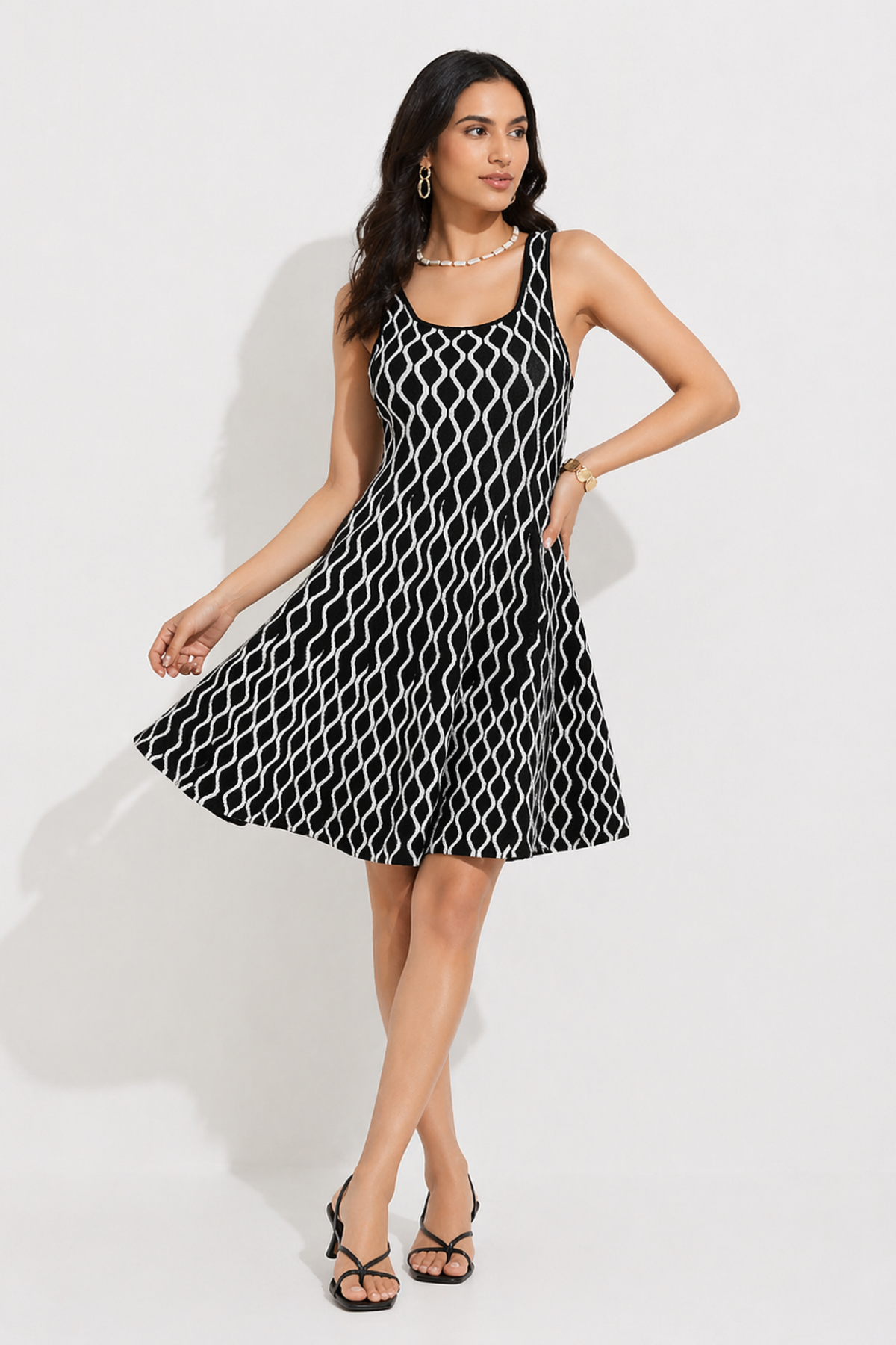 Chic Monochrome Wave Fit & Flare Dress