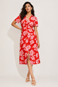 Scarlet Floral Ruched-Front Midi Shirt Dress with Side Slit
