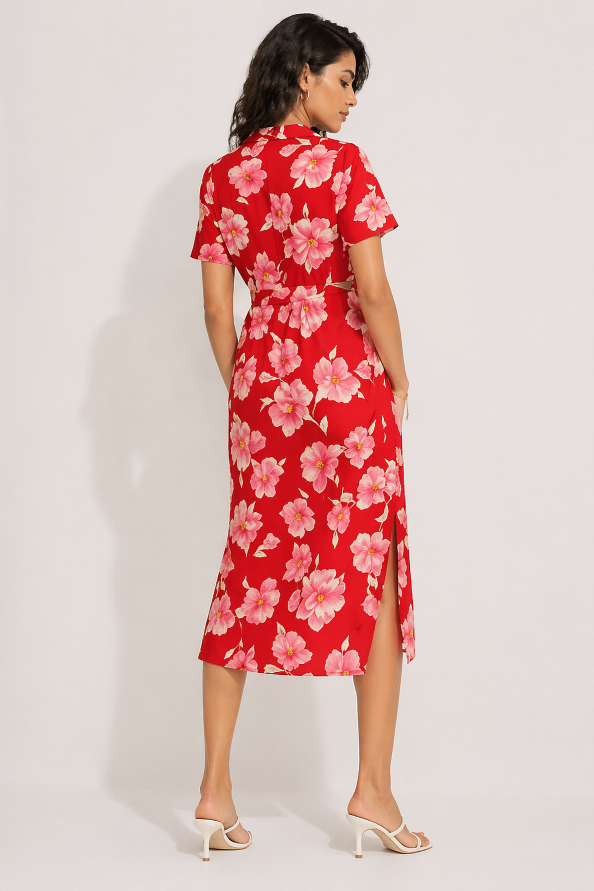 Scarlet Floral Ruched-Front Midi Shirt Dress with Side Slit