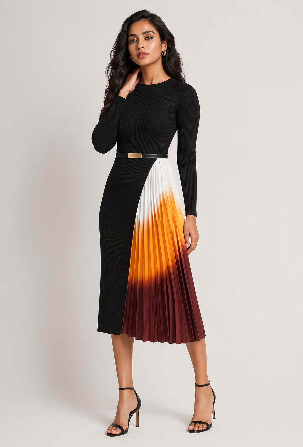 Black Ribbed Midi Dress with Ombre Pleated Panel