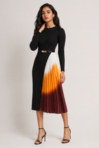 Black Ribbed Midi Dress with Ombre Pleated Panel