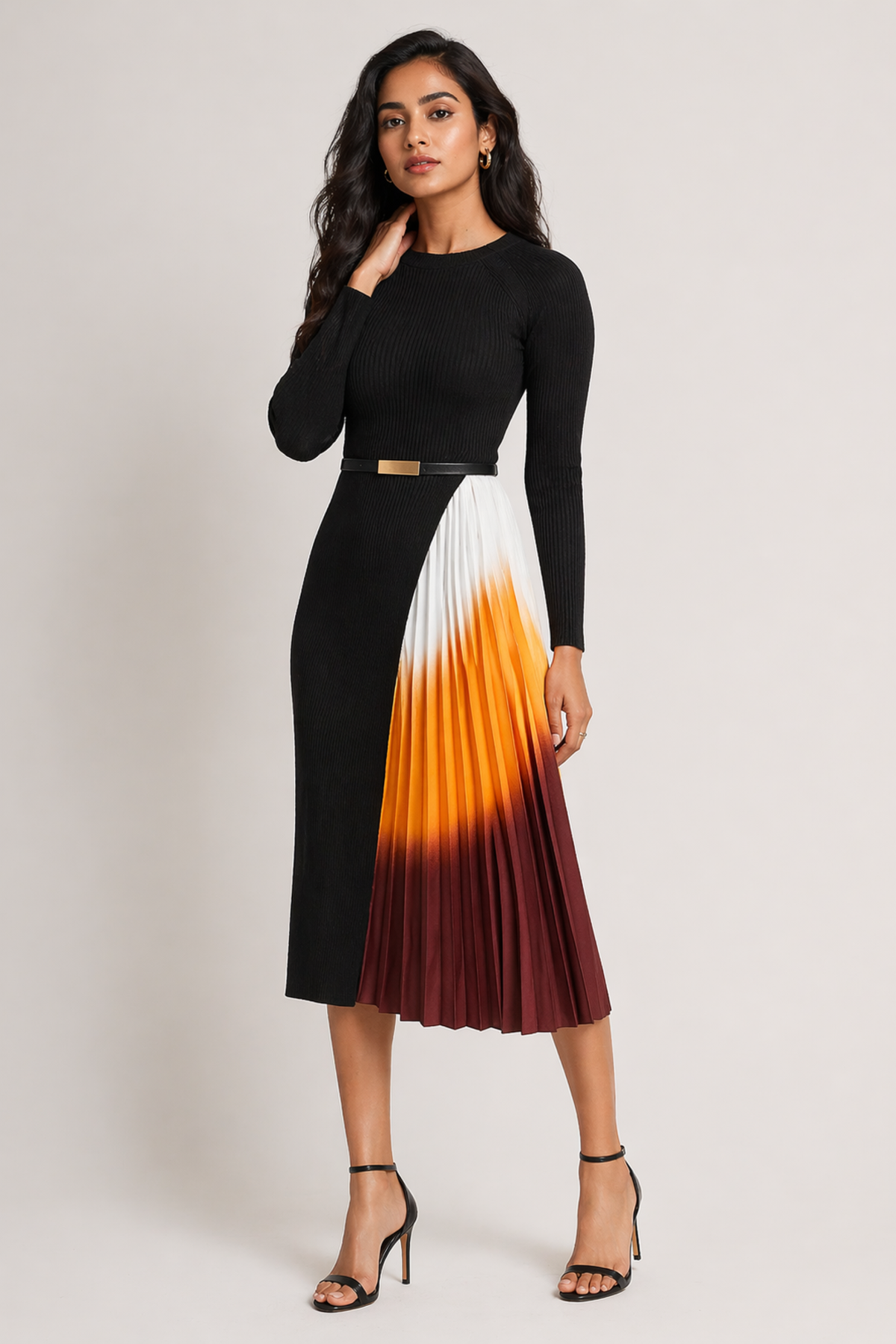 Black Ribbed Midi Dress with Ombre Pleated Panel