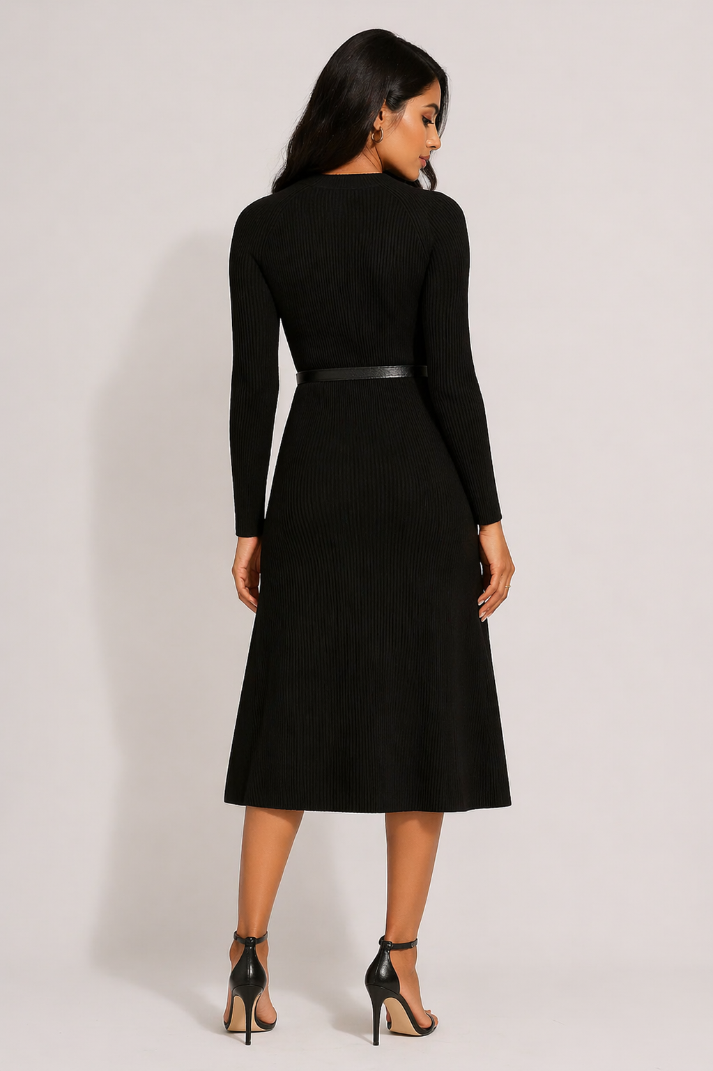 Black Ribbed Midi Dress with Ombre Pleated Panel