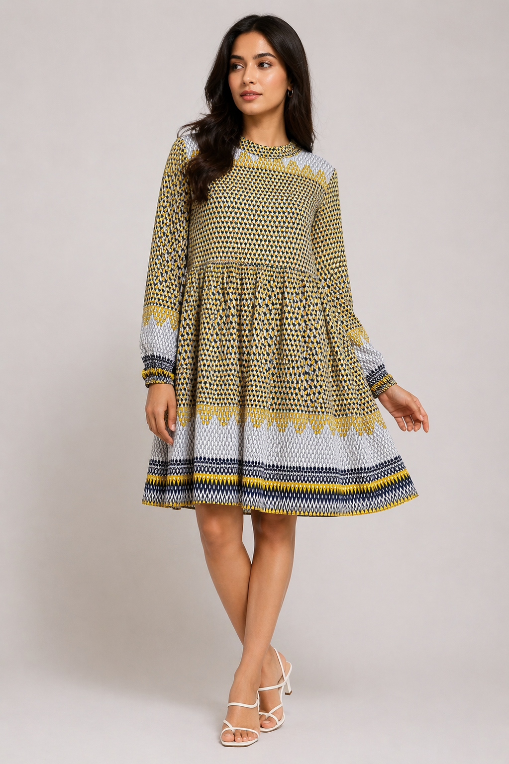 Mustard & Grey Geometric Print Tiered Dress