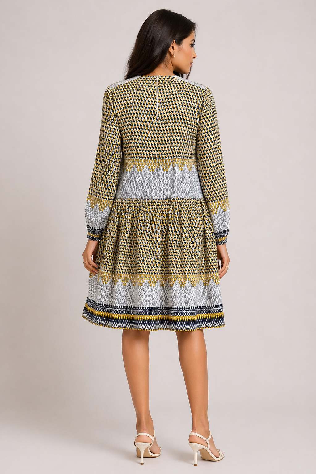 Mustard & Grey Geometric Print Tiered Dress