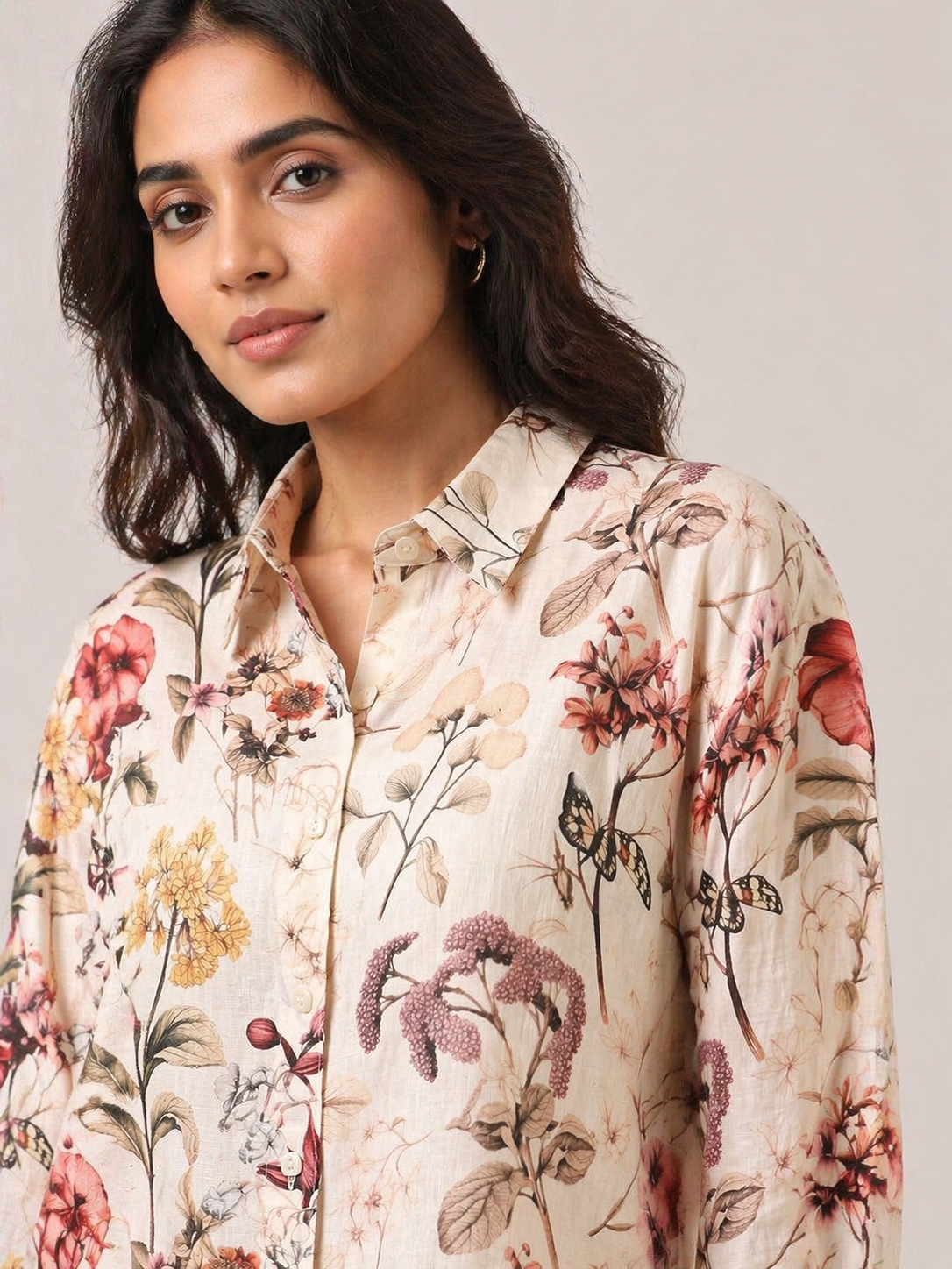 Beige Floral Print Button-Down Shirt