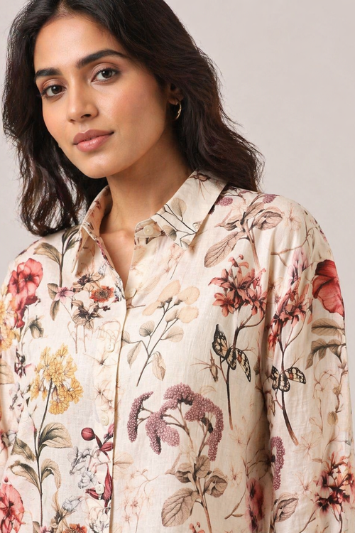 Beige Floral Print Button-Down Shirt