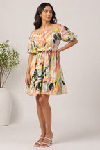 Floral Print Off-Shoulder Tie-Back Mini Dress