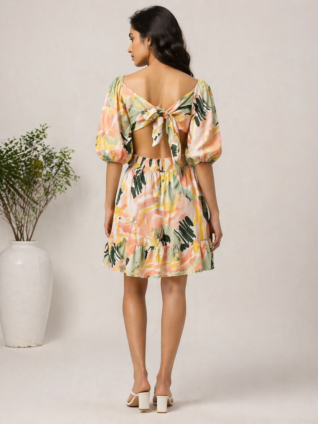 Floral Print Off-Shoulder Tie-Back Mini Dress