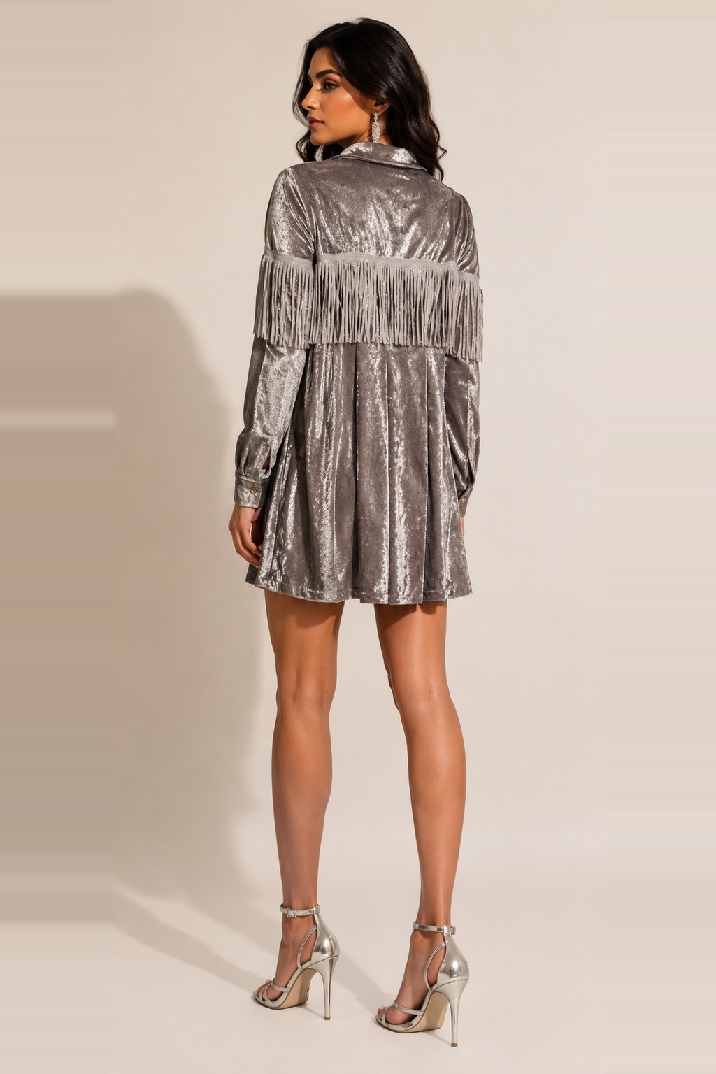 Silver Velvet Fringe Shirt Dress