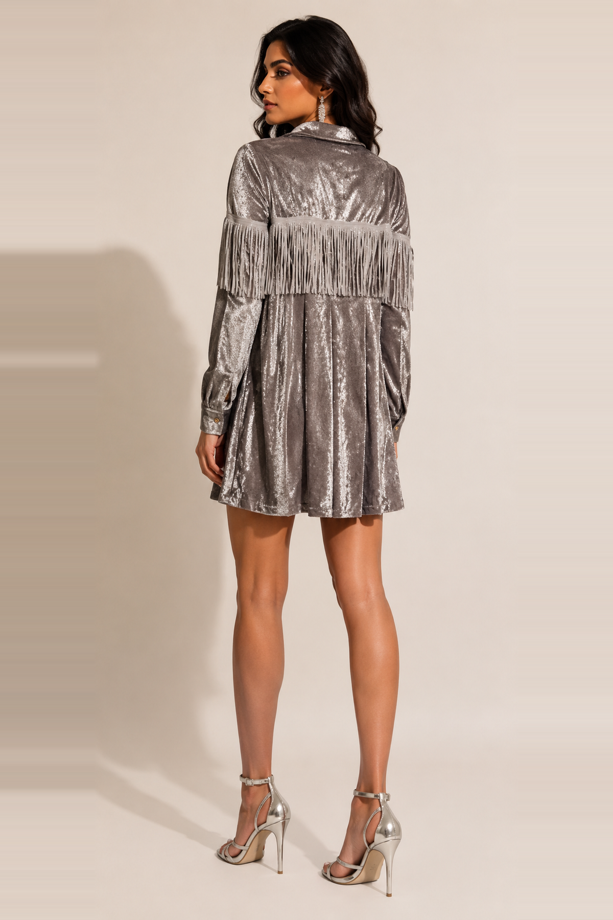 Silver Velvet Fringe Shirt Dress