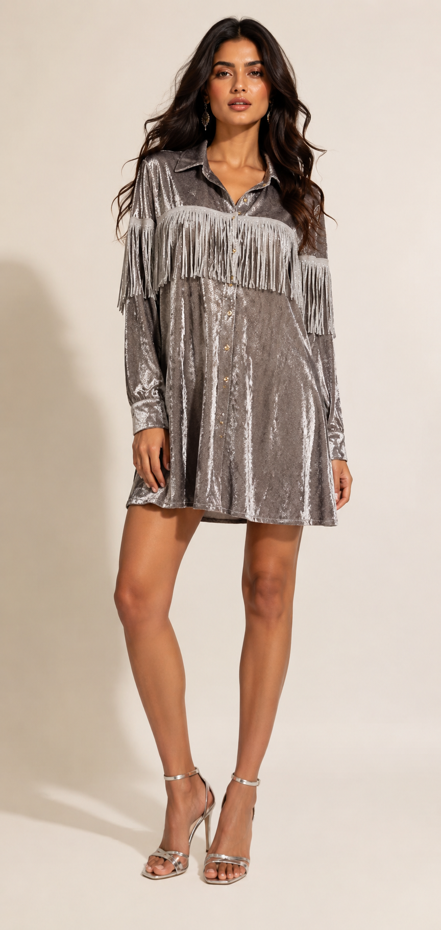 Silver Velvet Fringe Shirt Dress