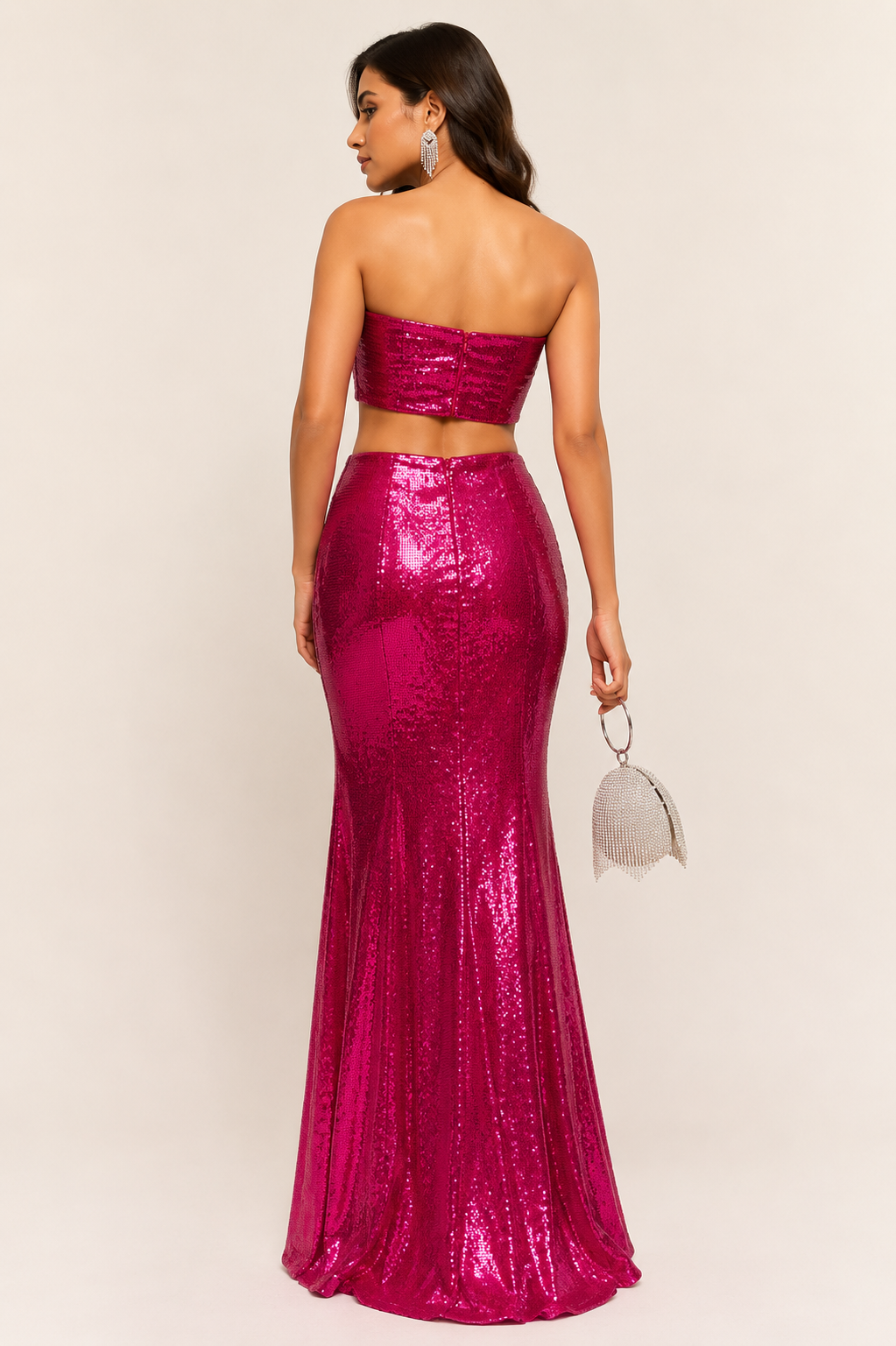 Magenta Sequin Ruched Maxi Set