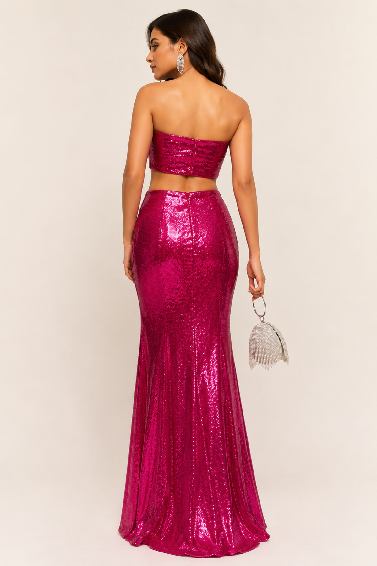 Magenta Sequin Ruched Maxi Set
