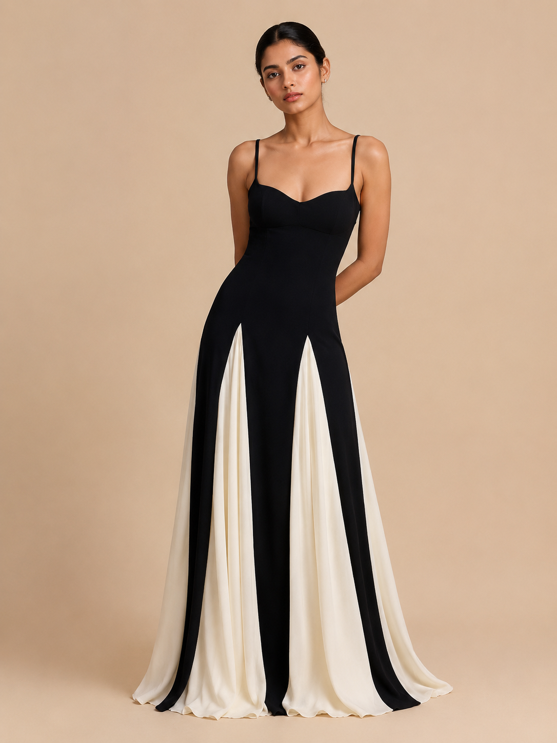 Monochrome Muse: Two-Tone Godet Maxi Gown