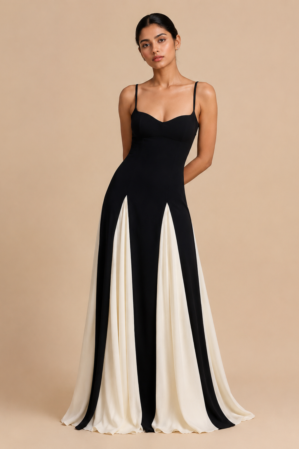 Monochrome Muse: Two-Tone Godet Maxi Gown