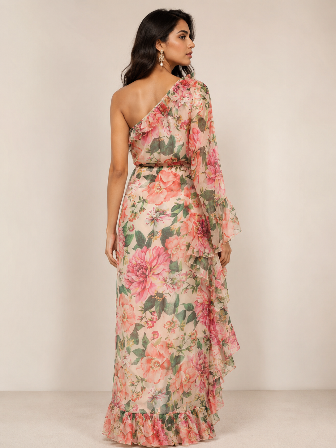 Peony Passion: One-Shoulder Ruffle Chiffon Maxi