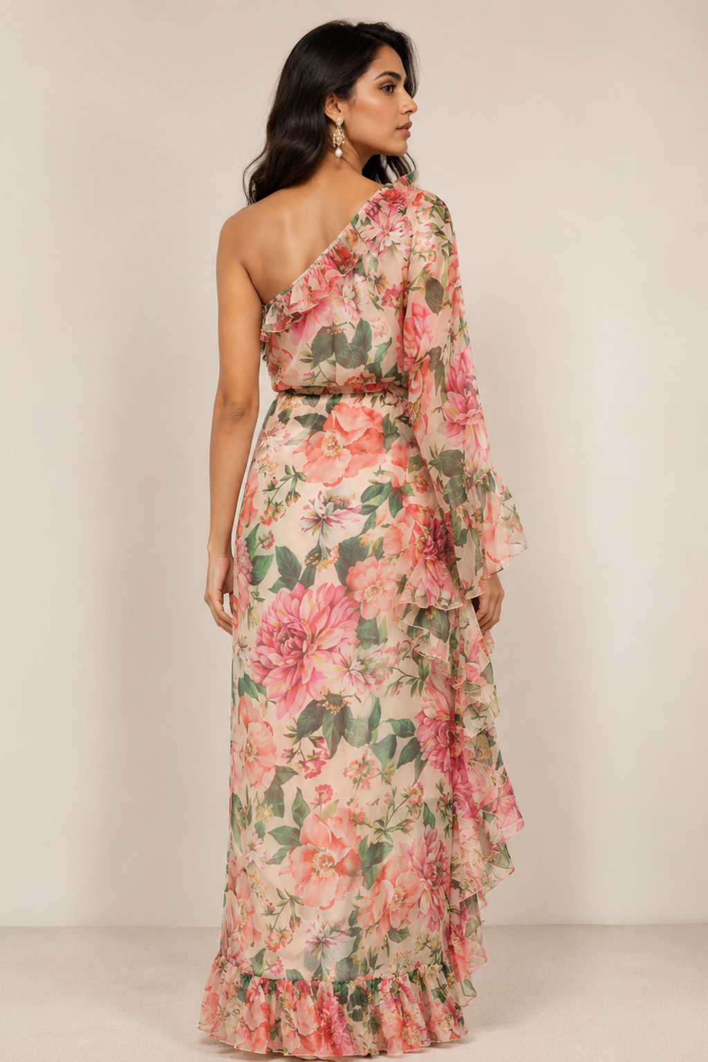 Peony Passion: One-Shoulder Ruffle Chiffon Maxi