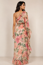 Peony Passion: One-Shoulder Ruffle Chiffon Maxi