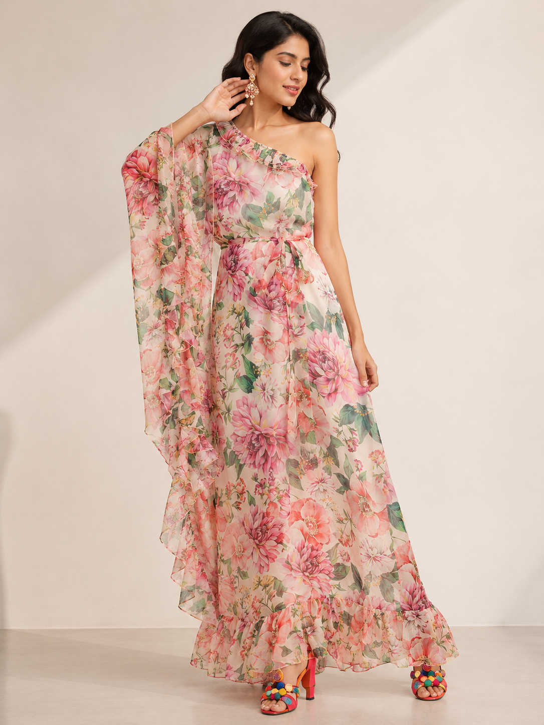 Peony Passion: One-Shoulder Ruffle Chiffon Maxi