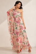 Peony Passion: One-Shoulder Ruffle Chiffon Maxi