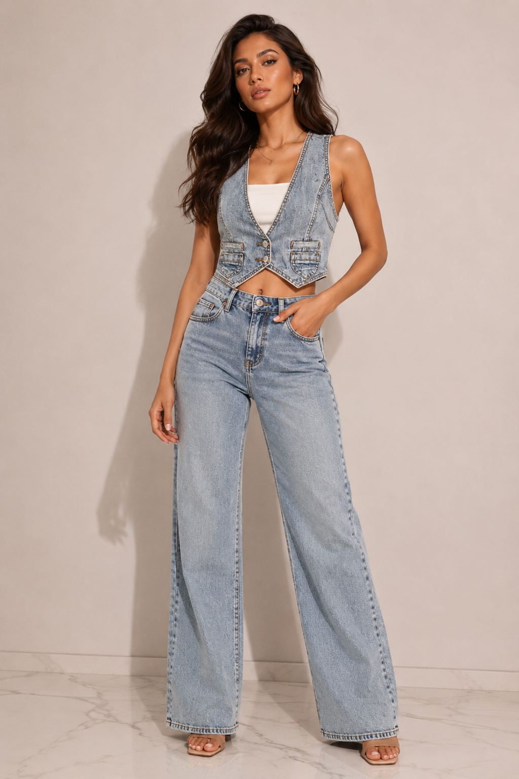 Azure Denim: Sculpted Racerback Waistcoat Top