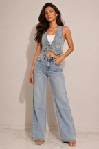 Azure Denim: Sculpted Racerback Waistcoat Top