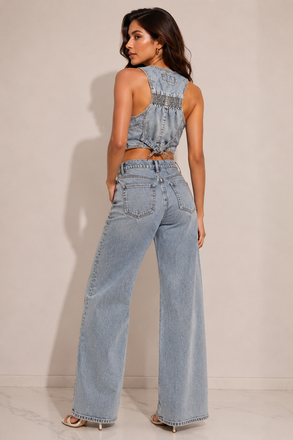 Azure Denim: Sculpted Racerback Waistcoat Top