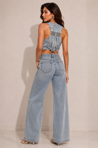 Azure Denim: Sculpted Racerback Waistcoat Top