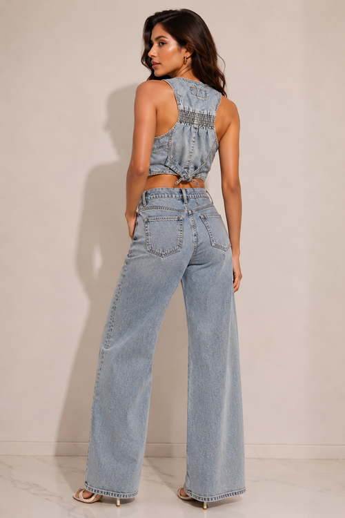 Azure Denim: Sculpted Racerback Waistcoat Top